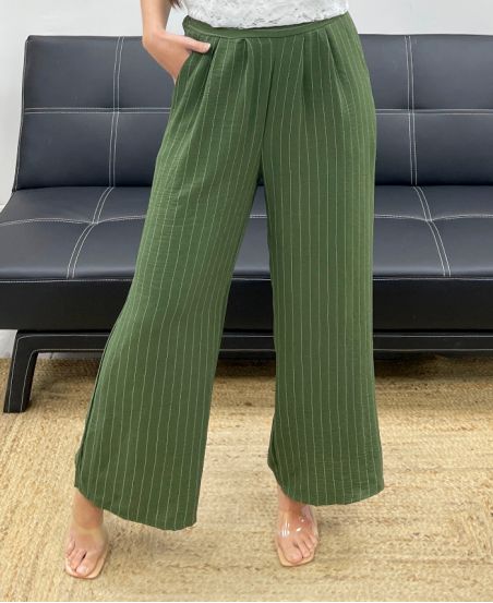 STRIPED WIDE LEG TROUSERS PE1289 KHAKI