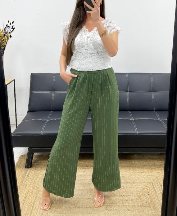 PANTALONE A RIGHE GAMBA LARGA PE1289 KHAKI