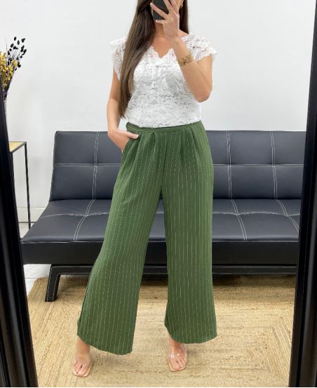 PANTALONE A RIGHE GAMBA LARGA PE1289 KHAKI