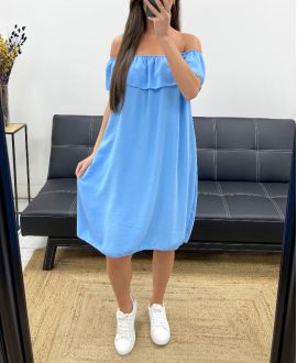 ELASTICATED NECKLINE DRESS PE767 SKY BLUE