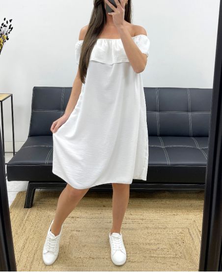 ELASTICATED NECKLINE DRESS PE767 WHITE