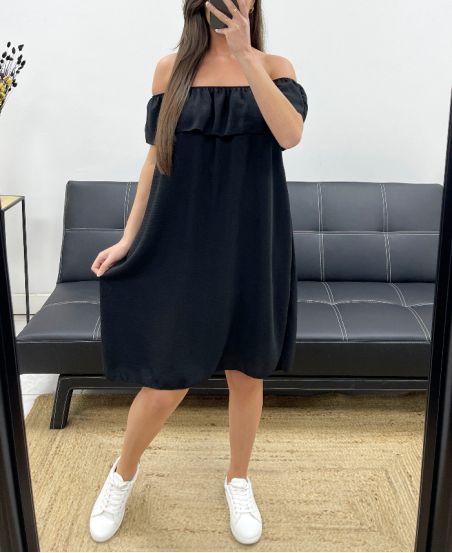 ELASTICATED NECKLINE DRESS PE767 BLACK