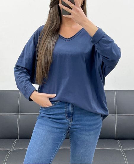 CAMISETA OVERSIZE DE ALGODÓN CON CUELLO EN V PE0782 AZUL MARINO