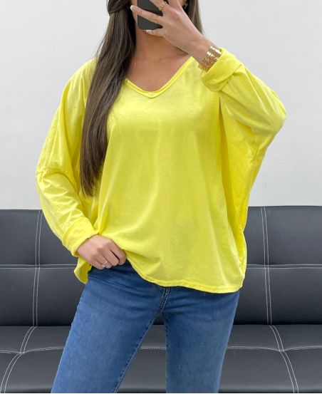 CAMISETA OVERSIZE DE ALGODÓN CON CUELLO EN V PE0782 AMARILLO