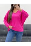 T-SHIRT OVERSIZE IN COTONE CON SCOLLO A V PE0782 FUCSIA