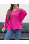 T-SHIRT OVERSIZE IN COTONE CON SCOLLO A V PE0782 FUCSIA