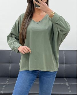 T-SHIRT OVERSIZE IN COTONE CON SCOLLO A V PE0782 KHAKI