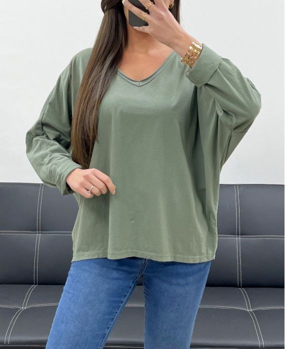 T-SHIRT OVERSIZE IN COTONE CON SCOLLO A V PE0782 KHAKI