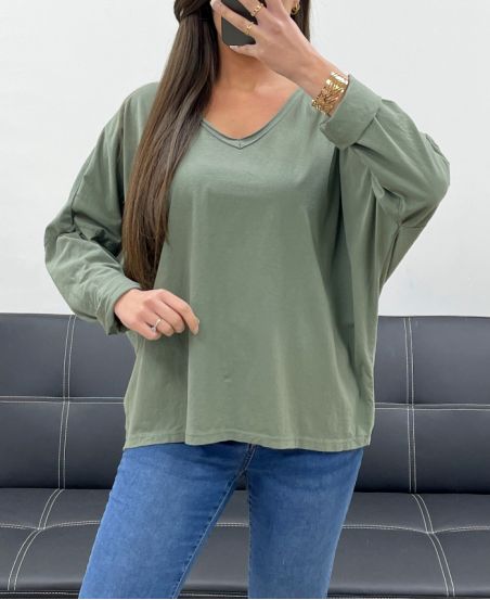 CAMISETA OVERSIZE DE ALGODÓN CON CUELLO EN V PE0782 CAQUI