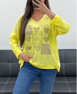 TWO-MATERIAL COTTON-LINEN T-SHIRT SMILE PE0818 YELLOW