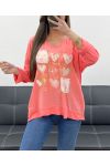 CAMISETA SMILE BIMATERIAL DE ALGODÓN-LINO PE0818 CORAL