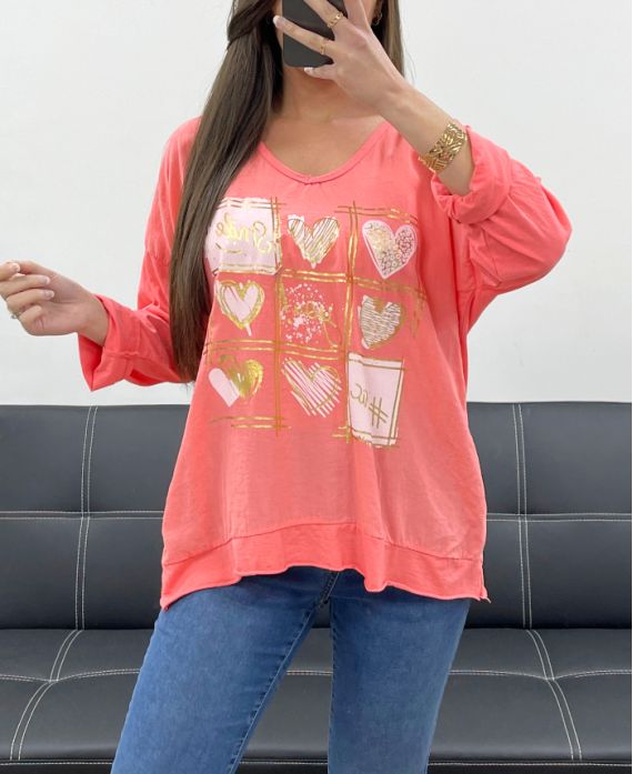 SMILE BI-MATERIAL COTTON-LINEN T-SHIRT PE0818 CORAL