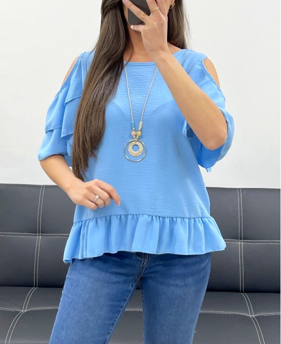 TOP DE HOMBROS ABIERTOS + COLLAR GRATIS PE982 AZUL CIELO