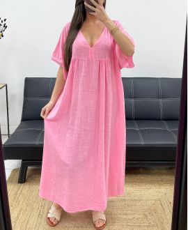MAXIKLEID AUS BAUMWOLLGAZE PE1272 ROSA