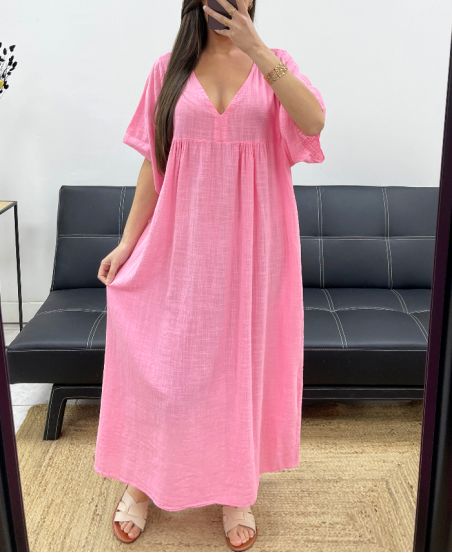 MAXIKLEID AUS BAUMWOLLGAZE PE1272 ROSA
