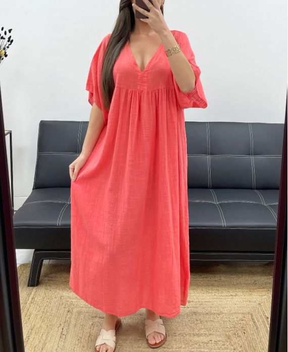 MAXIKLEID AUS BAUMWOLLGAZE PE1272 CORAL