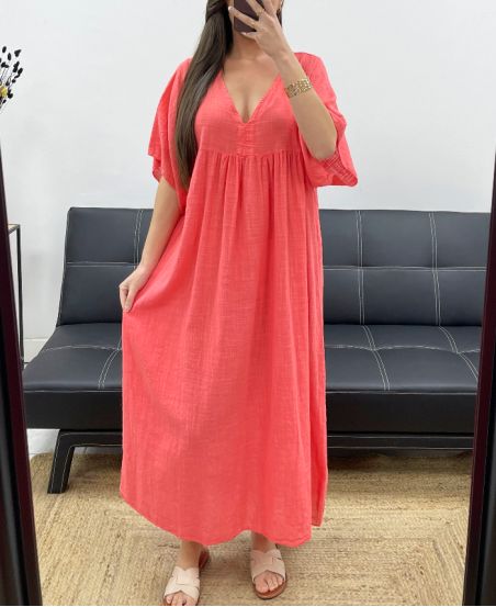 MAXIKLEID AUS BAUMWOLLGAZE PE1272 CORAL