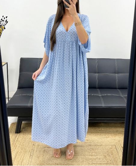 MAXIKLEID MIT FLIESSENDEM PRINT SS1264 HIMMELBLAU