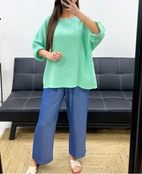 PE1254 BAWEŁNIANY TOP Z GAZY PASTELOWY ZIELONY
