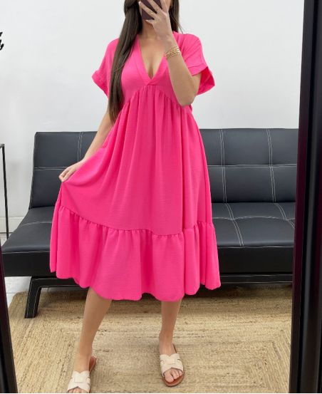 ABITO AMPIO CON SCOLLO A V SS1239 FUCSIA