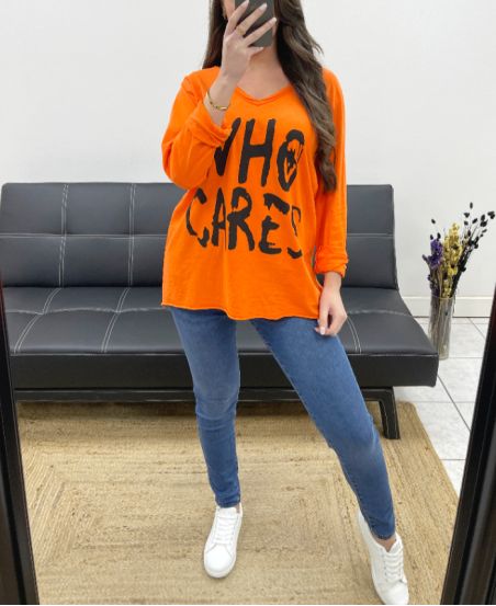 CAMISETA DE ALGODÓN "WHO CARES" SS341 NARANJA