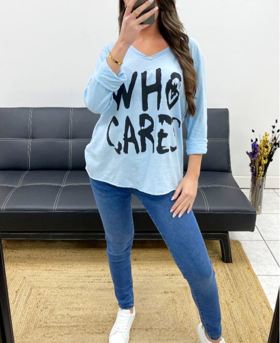 CAMISETA DE ALGODÓN "WHO CARES" SS341 AZUL CIELO