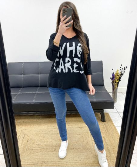 CAMISETA DE ALGODÓN "WHO CARES" SS341 NEGRO