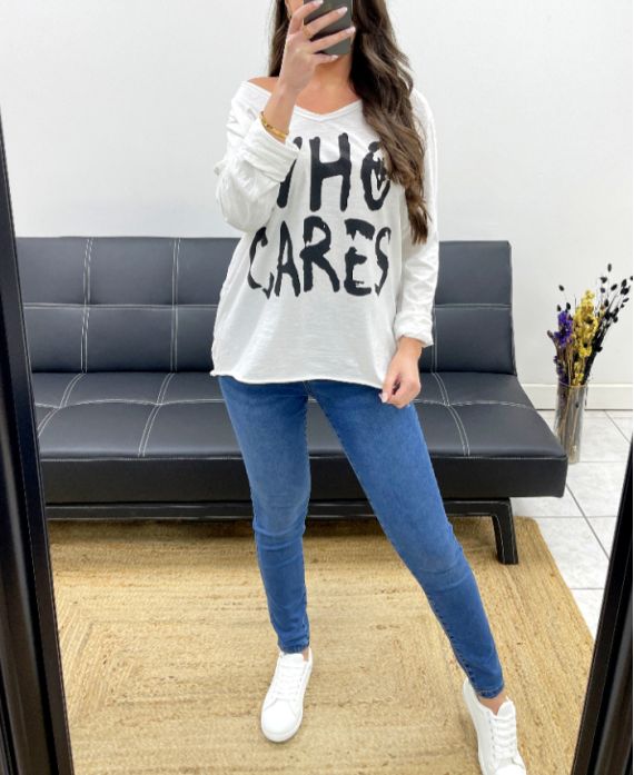 CAMISETA DE ALGODÓN "WHO CARES" PE341 BLANCO