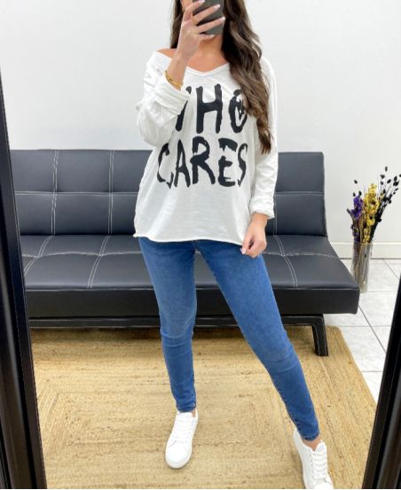 CAMISETA DE ALGODÓN "WHO CARES" PE341 BLANCO