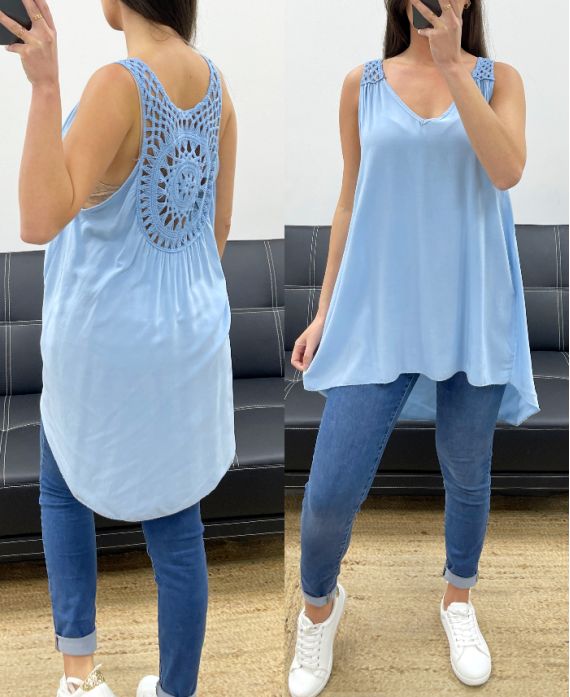 TOP AMPLE LONG DOS CROCHET PE900 BLEU CIEL
