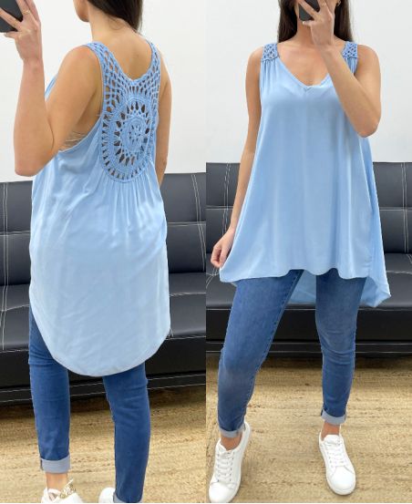 TOP AMPLE LONG DOS CROCHET PE900 BLEU CIEL