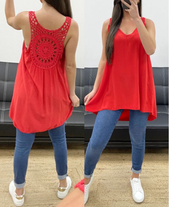 TOP AMPLE LONG DOS CROCHET PE900 ROUGE