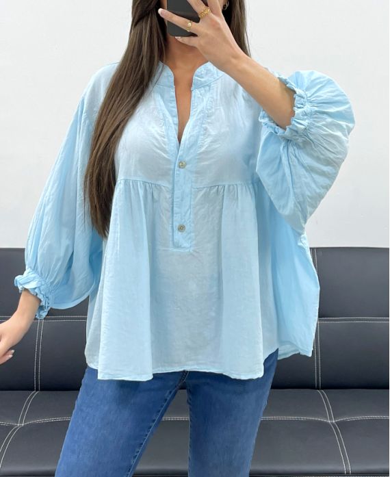 PE1330 BLUSE AUS BAUMWOLL-MUSSELIN HIMMELBLAU
