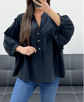 PE1330 SCHWARZE BLUSE AUS BAUMWOLL-MUSSELIN