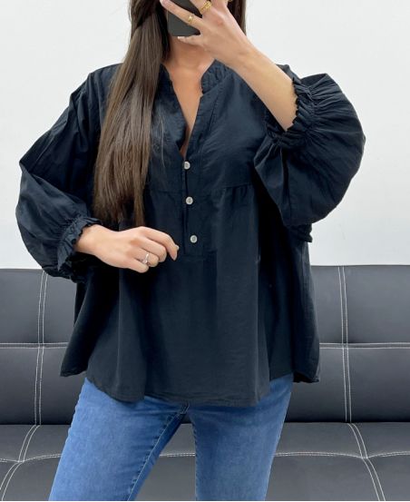 PE1330 SCHWARZE BLUSE AUS BAUMWOLL-MUSSELIN