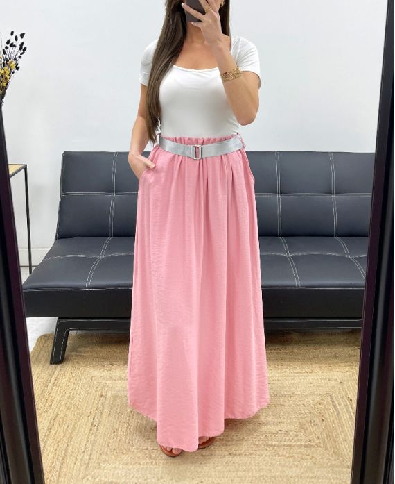 JUPE LONGUE 2 POCHES + CEINTURE PE1607 ROSE