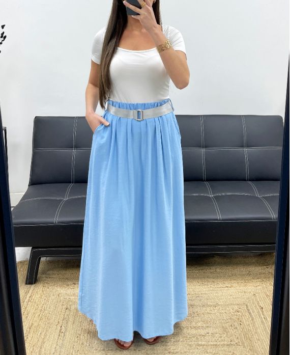 JUPE LONGUE 2 POCHES + CEINTURE PE1607 BLEU CIEL