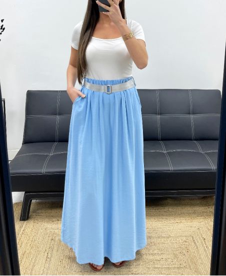 JUPE LONGUE 2 POCHES + CEINTURE PE1607 BLEU CIEL