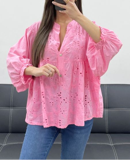 BLOUSE BRODERIE ANGLAISE PE1361 ROSE