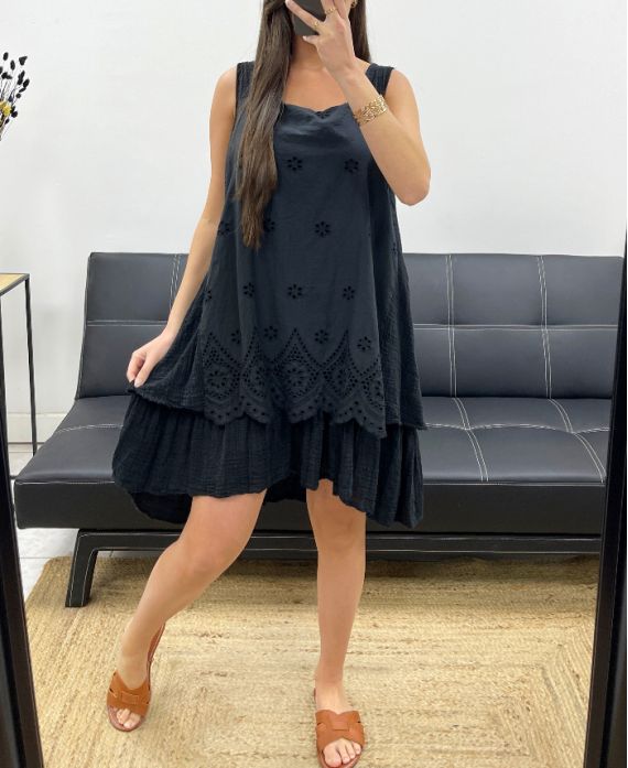LAYERED EYELET DRESS PE709 BLACK