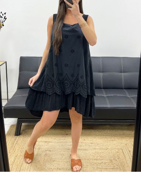 LAYERED EYELET DRESS PE709 BLACK