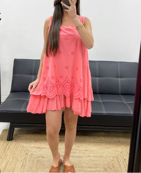 LAYERED EYELET DRESS PE709 CORAL