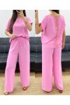 CONJUNTO TOP TRASERO DE ENCAJE + PANTS PE0001 ROSA