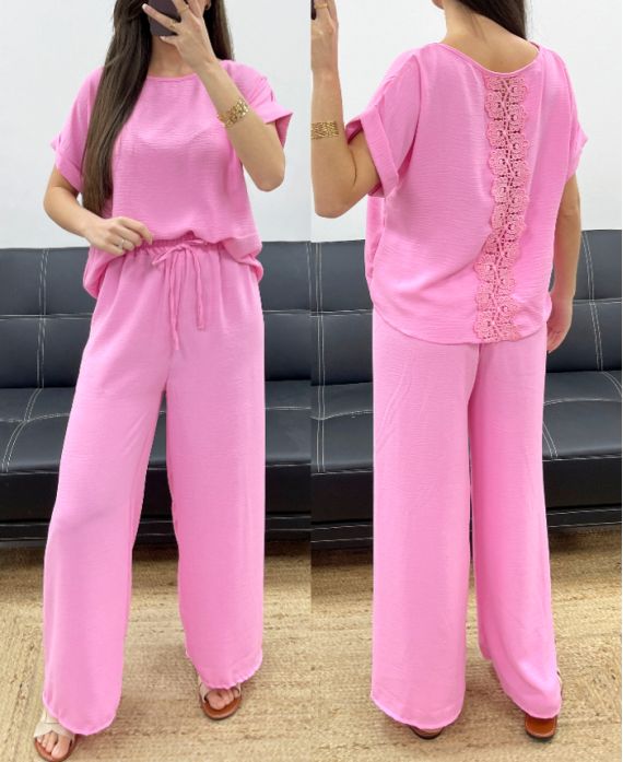 CONJUNTO TOP TRASERO DE ENCAJE + PANTS PE0001 ROSA