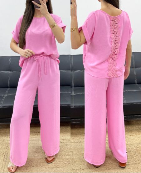 CONJUNTO TOP TRASERO DE ENCAJE + PANTS PE0001 ROSA