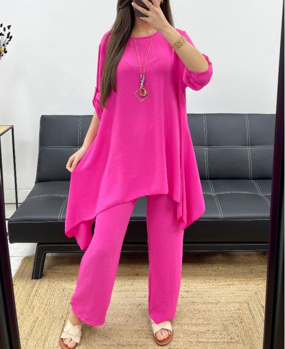 3-TEILIGES TUNIKA-SET + HOSE + KRAGEN PE1638 FUSHIA
