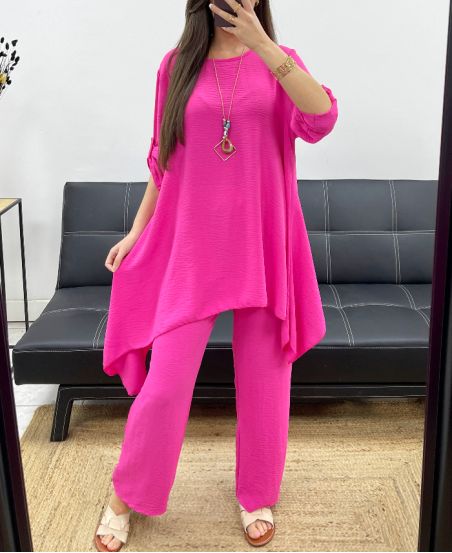 3-PIECE TUNIC SET + PANTS + COLLAR PE1638 FUSHIA