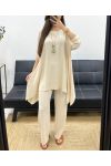3-TEILIGES TUNIKEN-SET + HOSE + KRAGEN PE1638 BEIGE