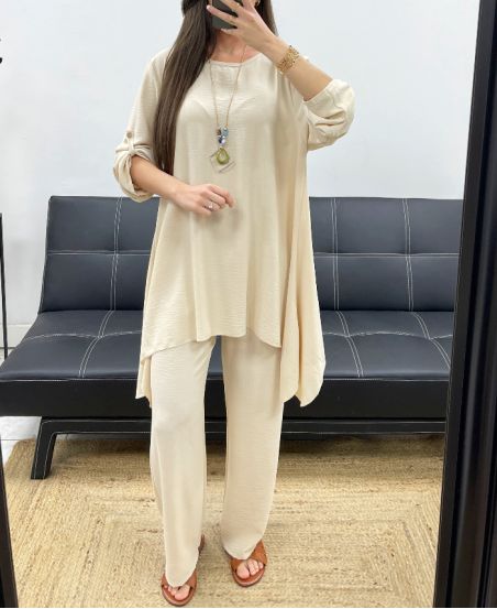 3-TEILIGES TUNIKEN-SET + HOSE + KRAGEN PE1638 BEIGE