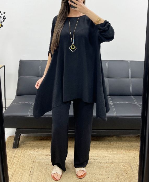 3-DELIGE TUNIEKSET + BROEK + KRAAG PE1638 ZWART